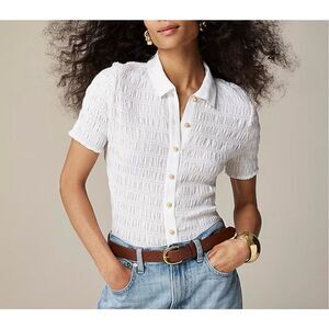 NWT J. Crew Women White Henrin Smocked Button-Up Shirt Cotton Blend Voile Small